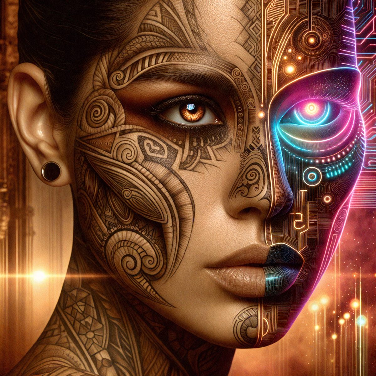The primary subject of the image is a woman with a unique and intricate tattoo design on her face. The setting is a futuristic environment, with a backdrop of a cityscape. The visual style is a combination of photo and digital art, creating a striking and eye-catching portrait. The colors and mood of the image are bold and vibrant, with a strong focus on the woman's striking tattoo design.
